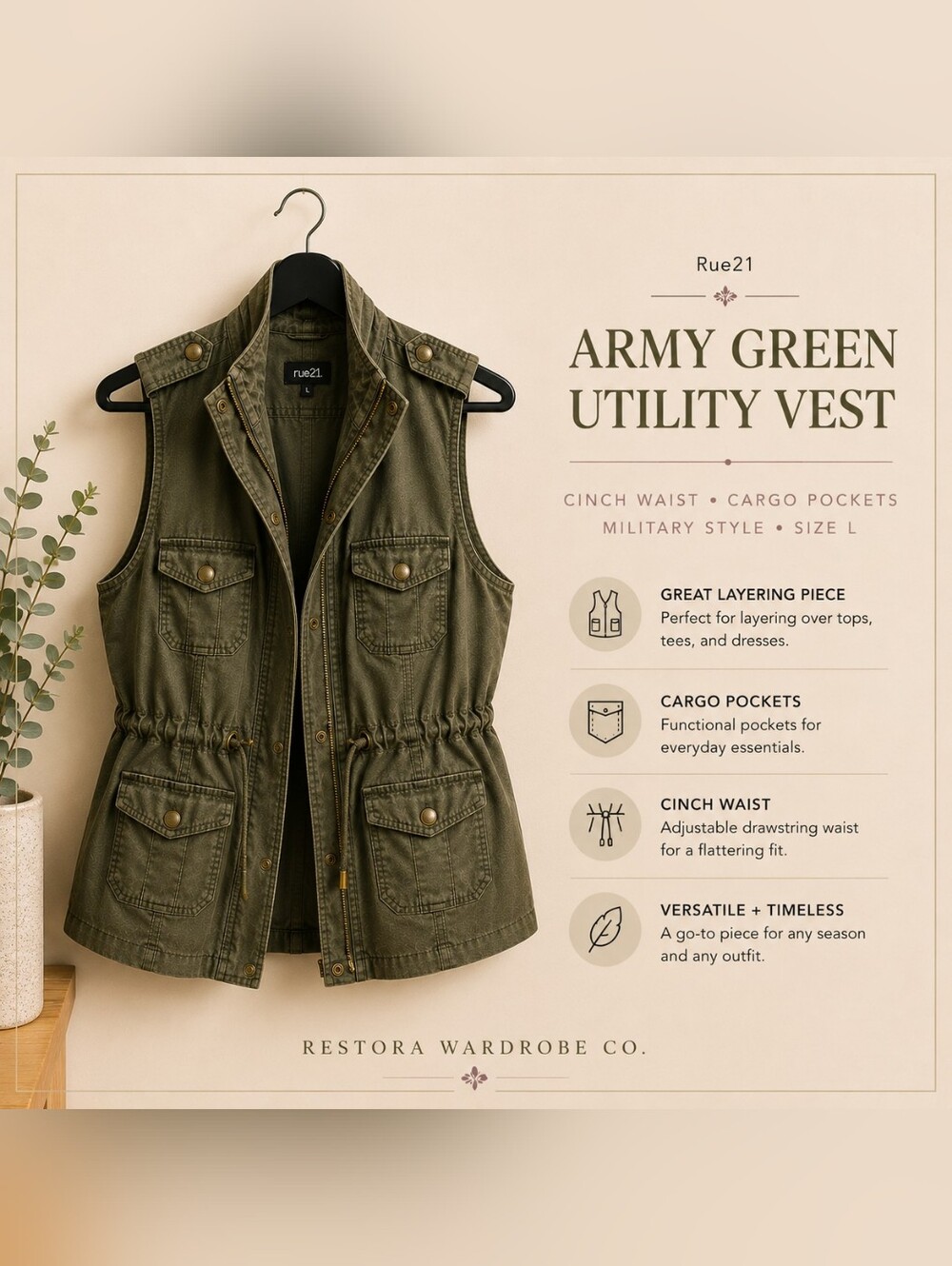 RUE21 Army Green Utility Vest Cinch Waist Cargo Military Style Jacket L